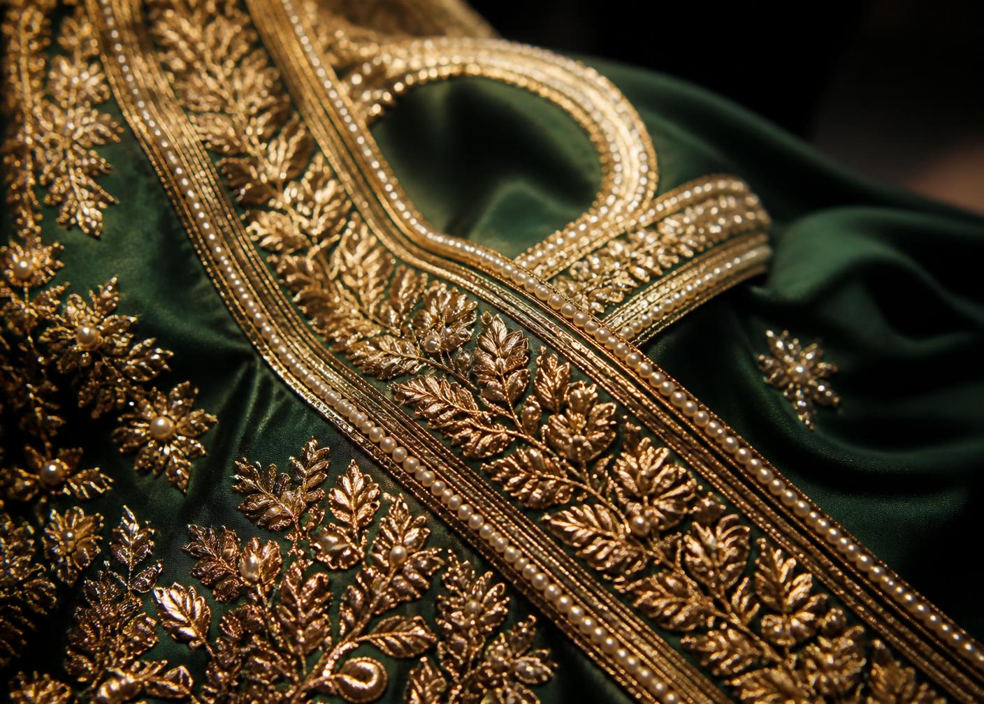 Close-up of gold zari embroidery on deep emerald silk